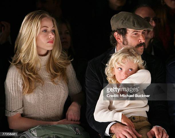 Actor Jason Lee with son Pilot Inspektor Riesgraf-Lee and guest in the front row at the Whitley Kros Spring 2008 fashion show during Mercedes Benz...