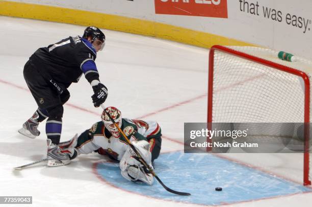 Anze Kopitar of the Los Angeles Kings scores the winning goal on goaltender Nicklas Backstrom of the Minnesota Wild on a shootout on October 16, 2007...