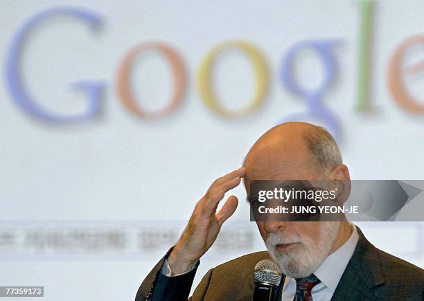 Google vice president Vinton Cerf, a founding father of the Internet, gestures at a press conference during the World Knowledge Forum in Seoul, 17...