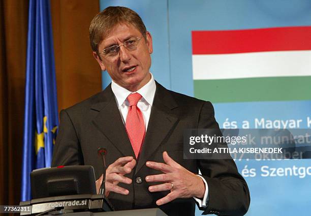 Hungarian Prime Minister Ferenc Gyurcsany answers journalists questions at the Lendava culture center, Slovenia, a town at the Hungarian and...