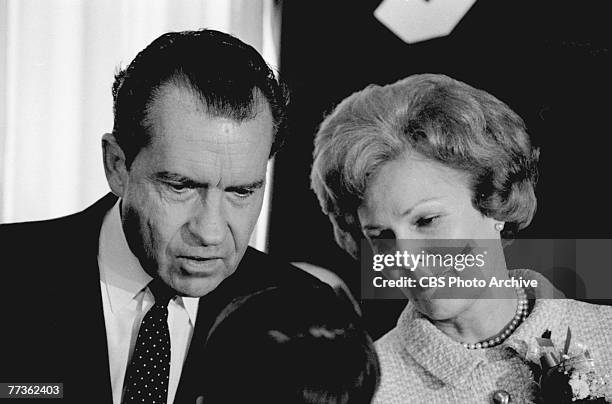 Close-up of American politician Richard Milhous Nixon and his wife Pat Nixon during his presidential campaign, New Hampshire, February 2, 1968. Nixon...