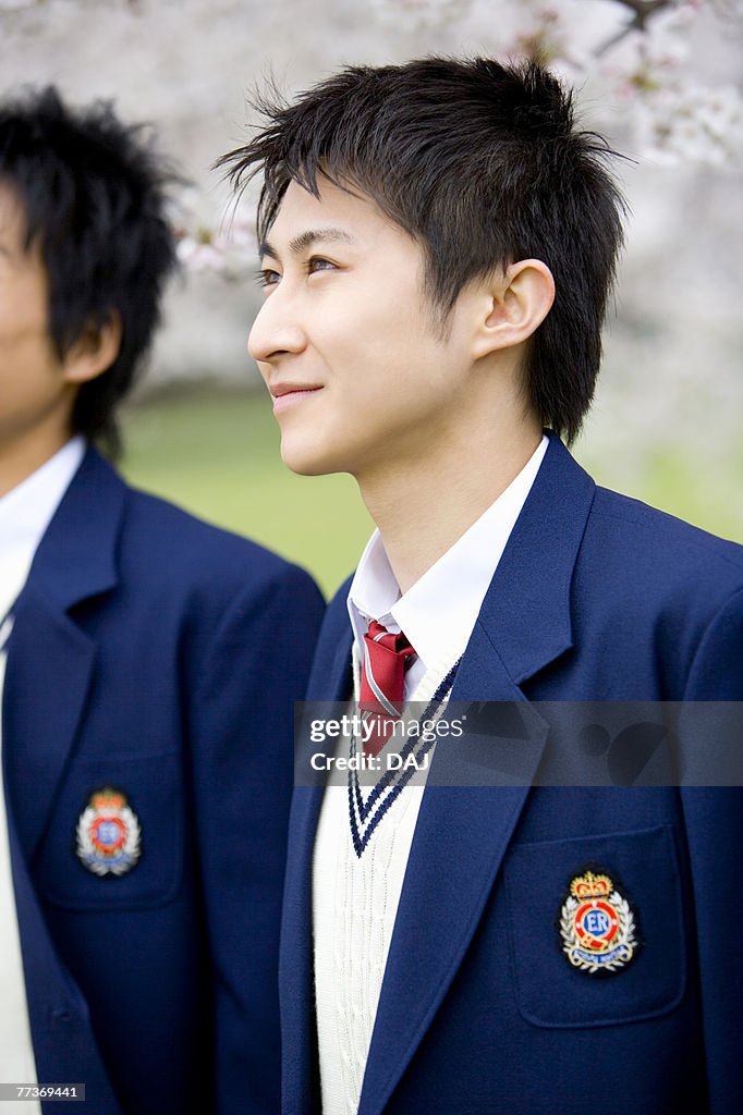 High School Student In Front Of Cherry Blossoms, Differential Focus