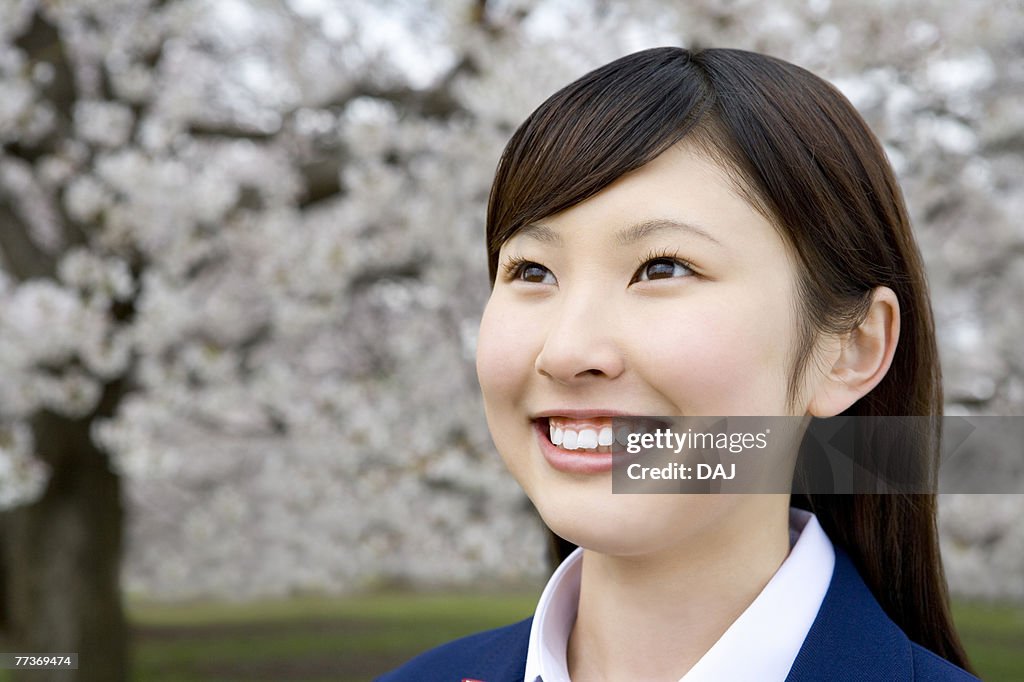 High School Student Girl Under Cherry Blossoms, Differential Focus