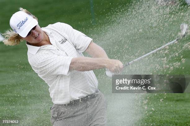 Charley Hoffman blasts out of a bunker on the third hole during the first round of the 2007 Shell Houston Open Thursday, March 29 on the Tournament...