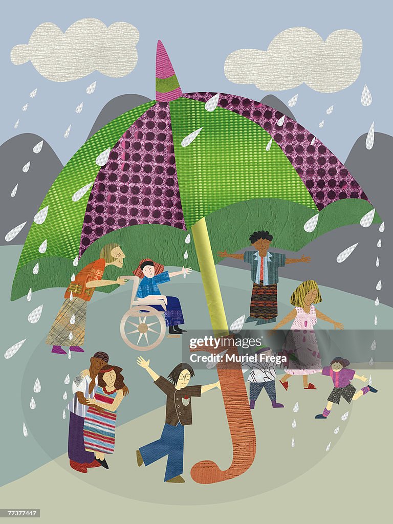 Children playing under a giant umbrella on a rainy day