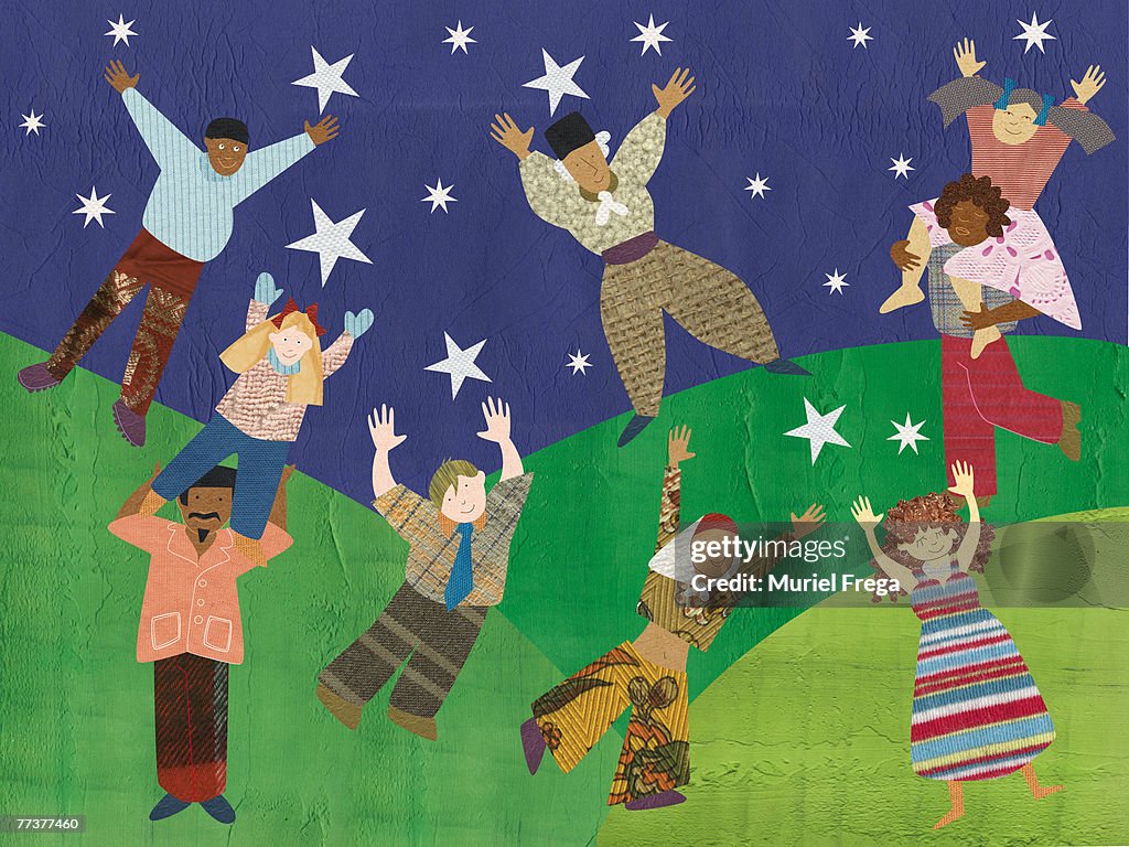 Multicultural people reaching for the stars