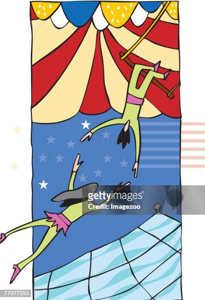illustrazioni stock, clip art, cartoni animati e icone di tendenza di a flying trapeze act - trapezista