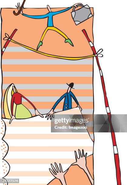 a businessman balancing on a tightrope while people hold a net below - safety net stock illustrations
