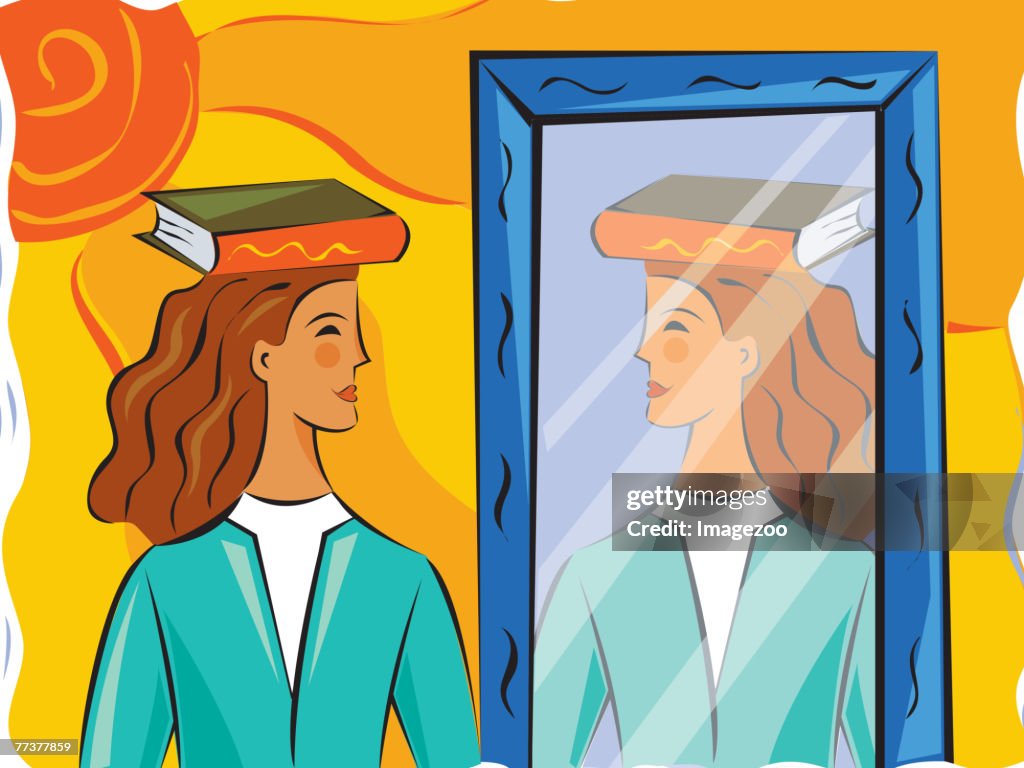 Woman practicing good posture in front of a mirror