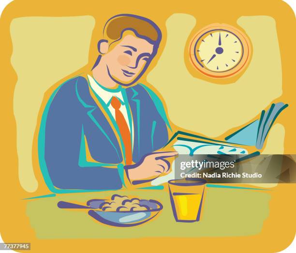 a man reading the newspaper while having a healthy breakfast - cereal bowl stock illustrations