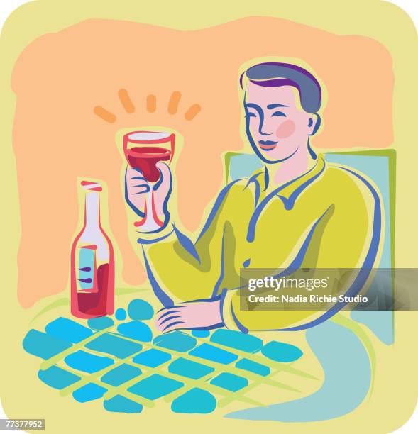 a man enjoying a glass of red wine - man drinking red wine stock illustrations
