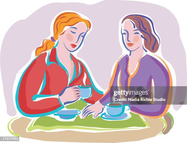 two friends chatting over tea - sister face to face stock illustrations