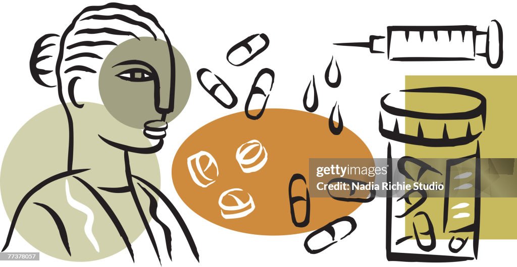 An illustration of a pharmacist and prescription drugs