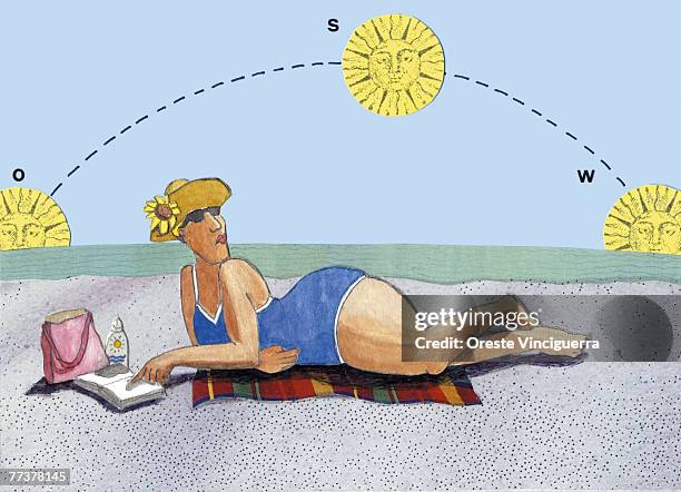 illustrations, cliparts, dessins animés et icônes de a woman suntanning on the beach - sac de plage