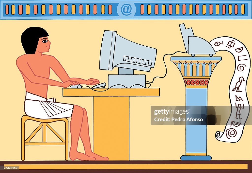 An ancient egyptian using computer and printing out scripts