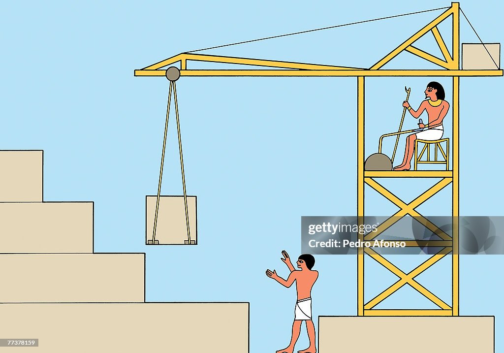 Builders building a pyramid with the help of a crane