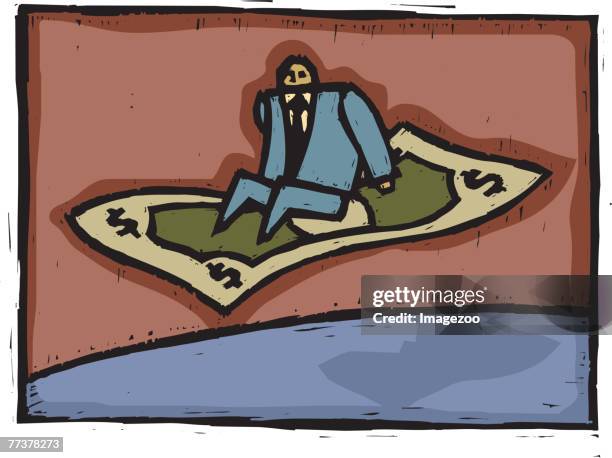 man flying on money carpet - 空飛ぶ絨毯点のイラスト素材／クリップアート素材／マンガ素材／アイコン素材