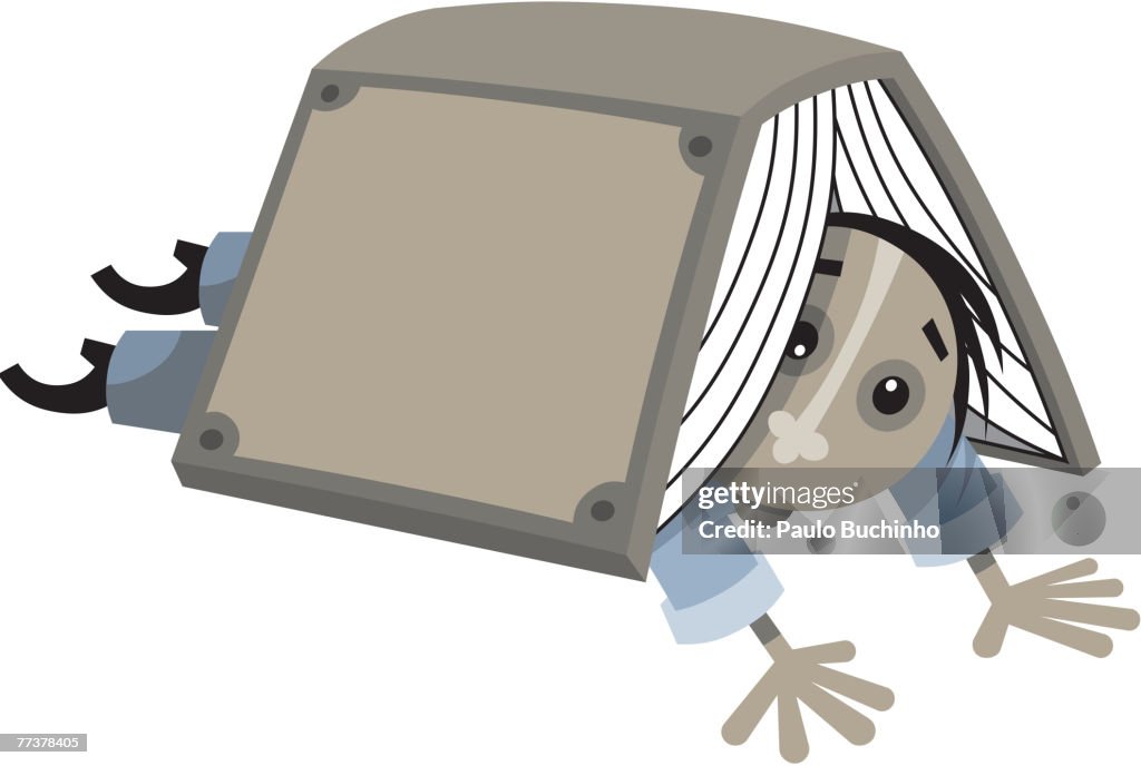 A man peek out from underneath a book