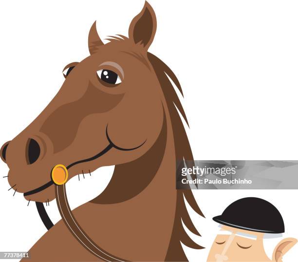 ilustraciones, imágenes clip art, dibujos animados e iconos de stock de a brown horse with its rider - kind