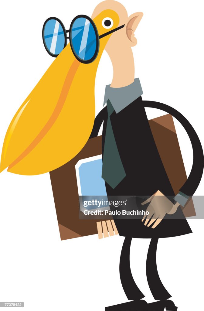 A businessman with a beak for a nose