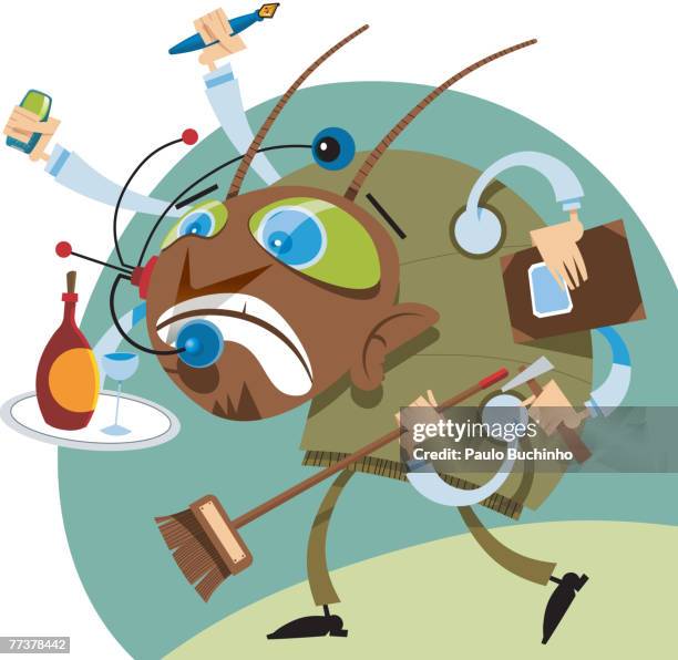 stockillustraties, clipart, cartoons en iconen met a busy bug trying to do many tasks at once - manusje van alles
