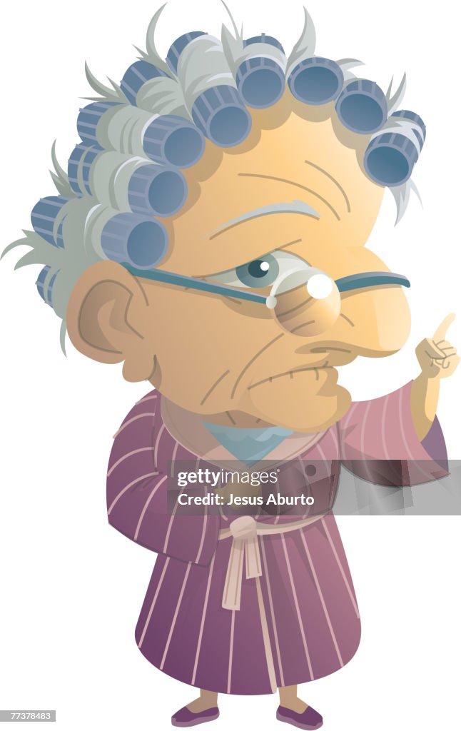 Portrait of an old woman with curlers in her hair