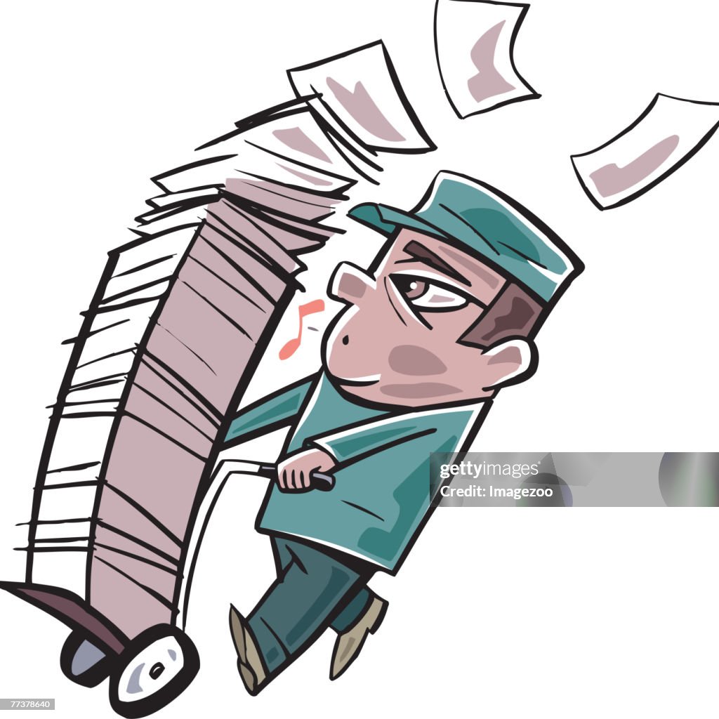 Man carting around a large stack of paper on a trolly
