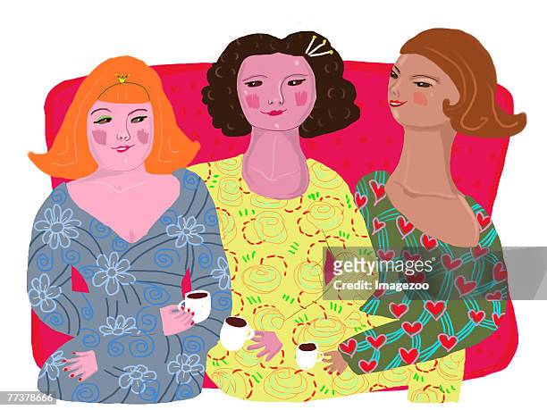 ilustrações de stock, clip art, desenhos animados e ícones de three women having coffee together - three womans friends