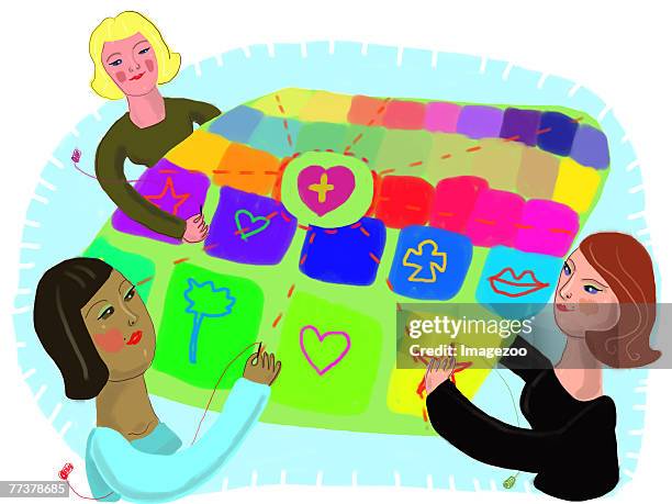 three women putting together a quilt - quilt stock-grafiken, -clipart, -cartoons und -symbole