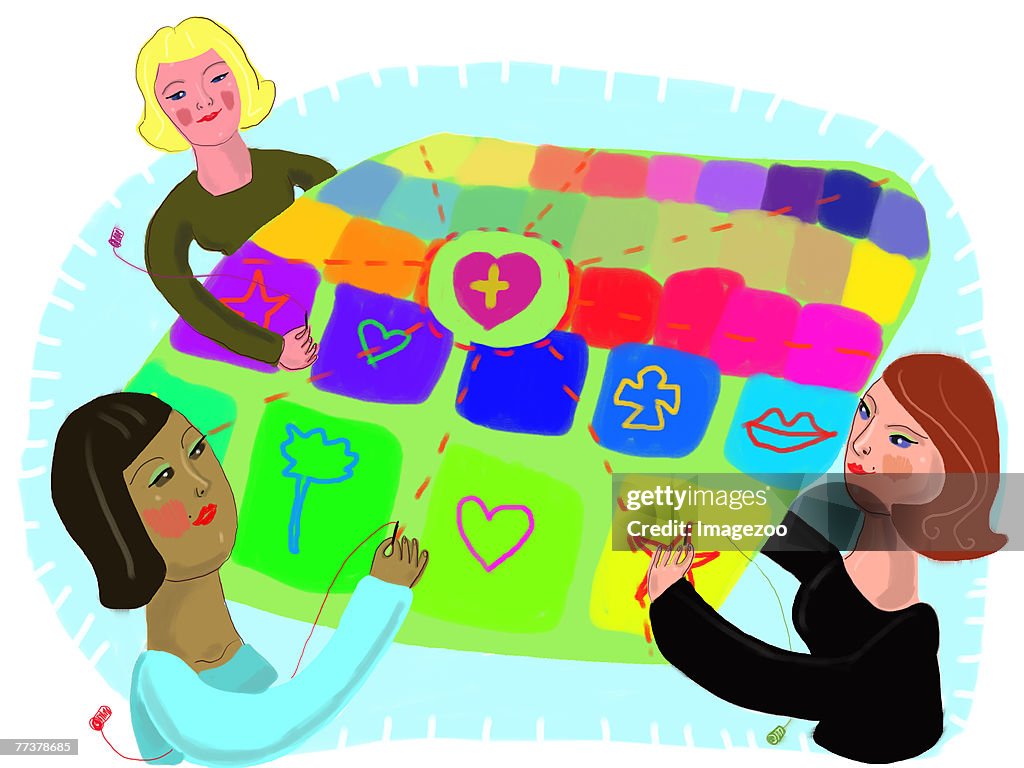 Three women putting together a quilt