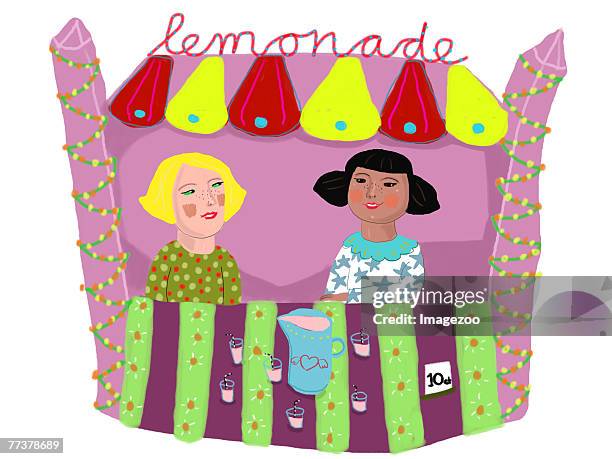 illustrazioni stock, clip art, cartoni animati e icone di tendenza di lemonade stand - bancarella della limonata