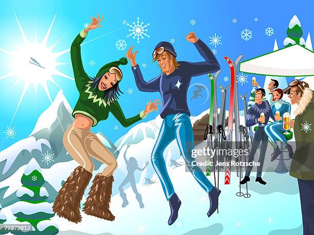 ilustraciones, imágenes clip art, dibujos animados e iconos de stock de a grouth of people excited about skiing - grouth