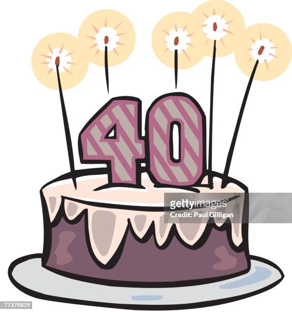a fortieth birthday cake with candles - üppige torte stock-grafiken, -clipart, -cartoons und -symbole