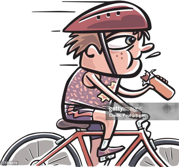 a man riding a bike while eating an energy bar - person eating granola bar stock illustrations