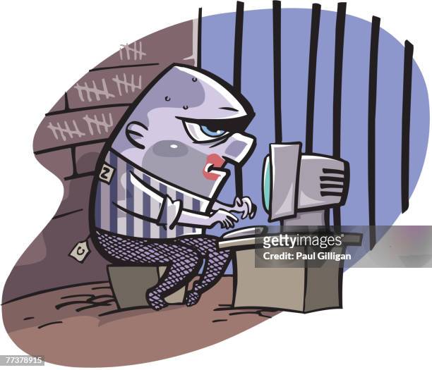 ilustrações, clipart, desenhos animados e ícones de a prisoner using the computer in his cell - tequila slammer
