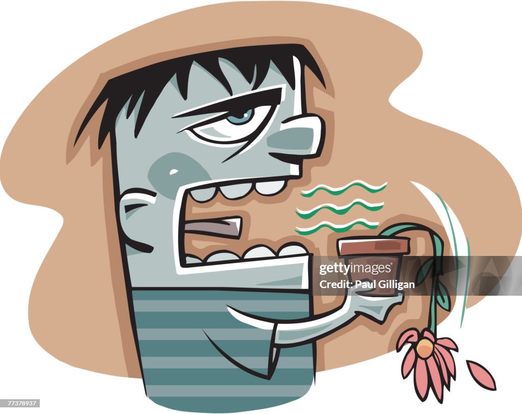 A man killing a potted flower with his bad breath