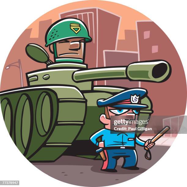 army tank and policeman - police in riot gear stock-grafiken, -clipart, -cartoons und -symbole