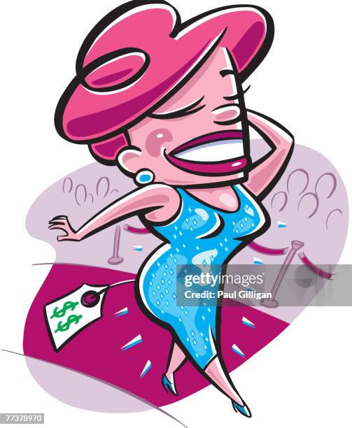 ilustraciones, imágenes clip art, dibujos animados e iconos de stock de woman walking on a red carpet with a price tag on her dress - hollywood star