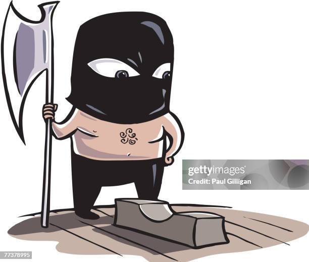 an executioner holding an axe standing beside a chopping block - executioner axe stock illustrations