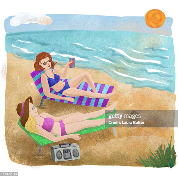 two women relaxing on deck chairs at the beach - lady relaxing in sun radio stock illustrations