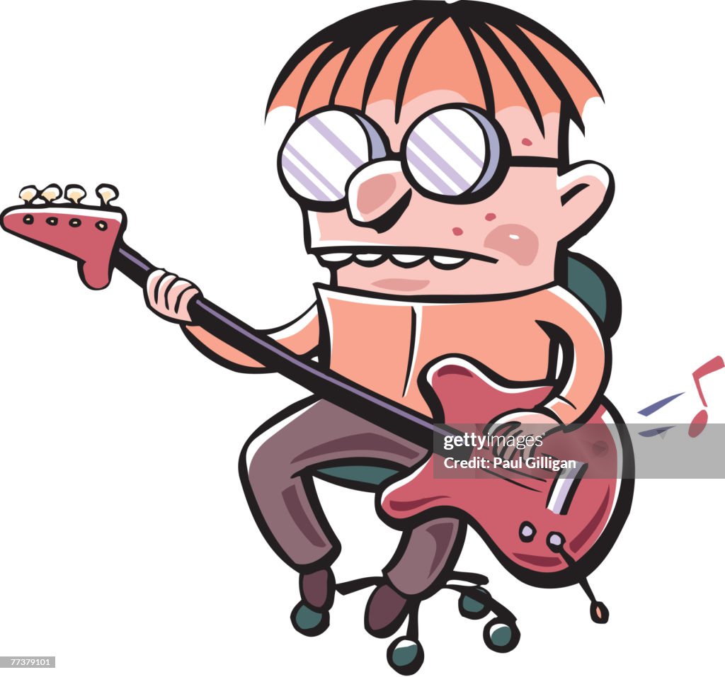 Drawing of a young man playing a guitar