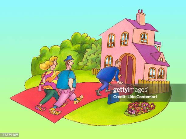 a real estate agent showing a house to a couple - rolling landscape stock-grafiken, -clipart, -cartoons und -symbole