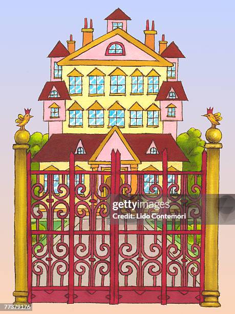 illustrations, cliparts, dessins animés et icônes de an elaborate gateway to a big mansion - pension