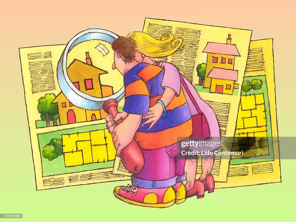 A couple shopping for houses using a magnifying glass to look at the house plans