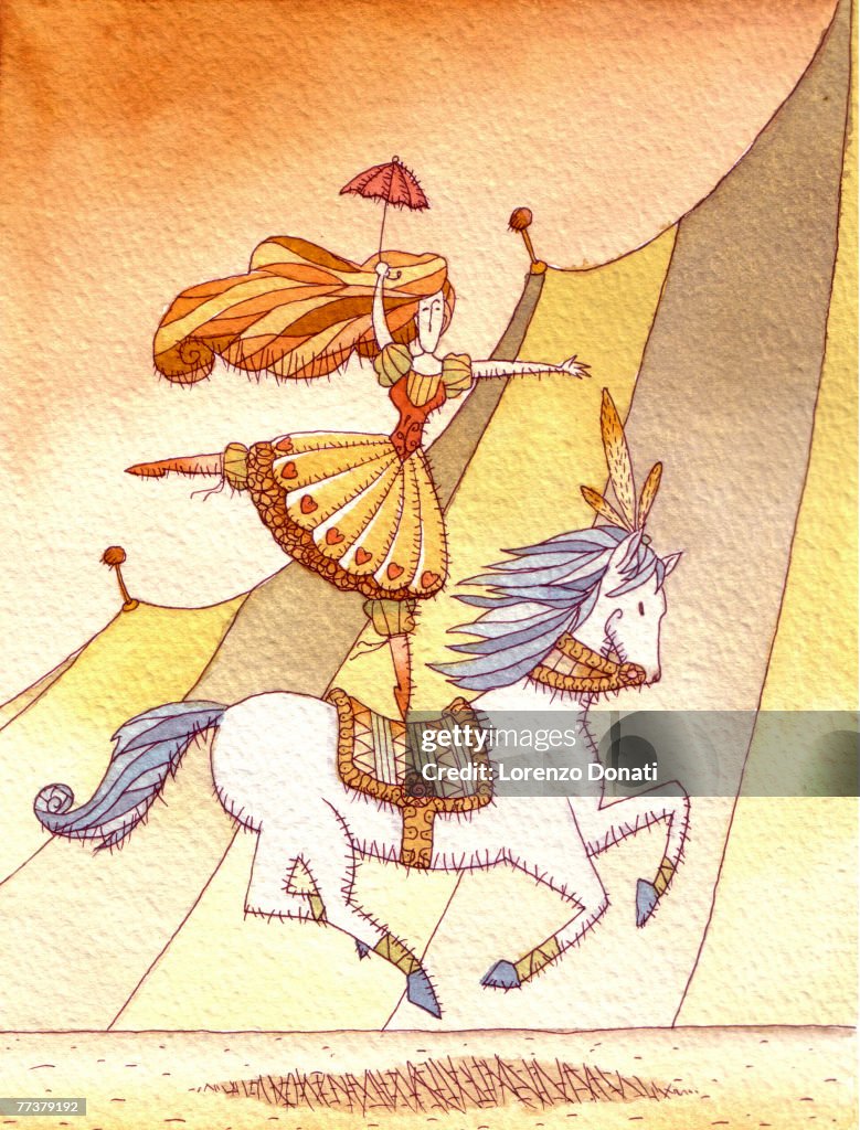 A woman riding a horse while standing on one leg