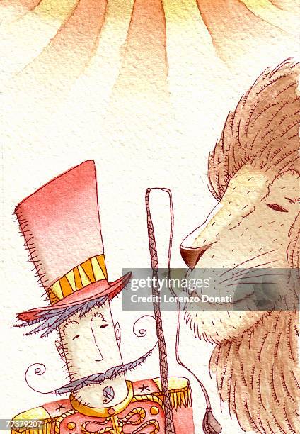 stockillustraties, clipart, cartoons en iconen met a lion tamer up close with his lion - dompteur