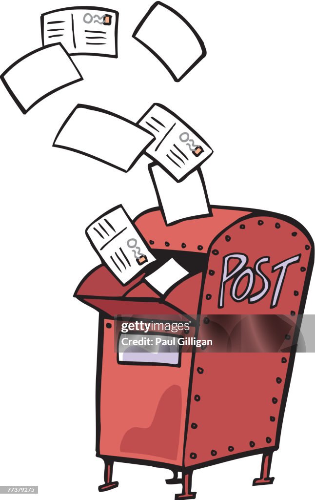 Drawing of a red mail box with letters flying out