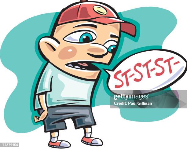 stockillustraties, clipart, cartoons en iconen met drawing of a young boy stuttering - alleen één jongen