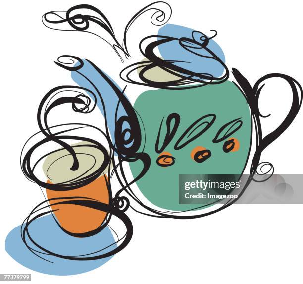 stockillustraties, clipart, cartoons en iconen met teapot and hot tea - steeping