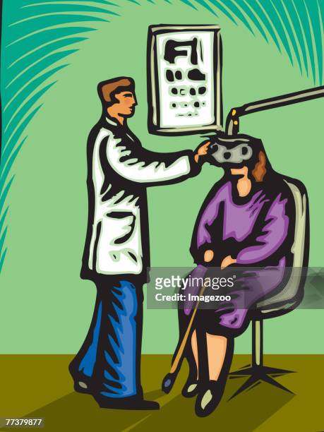 optometrist checking a woman's eyes - glaucoma 幅插畫檔、美工圖案、卡通及圖標